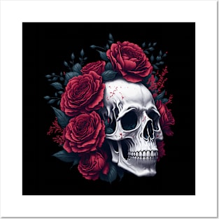 Skull And Roses Red Flowers Gothic Posters and Art